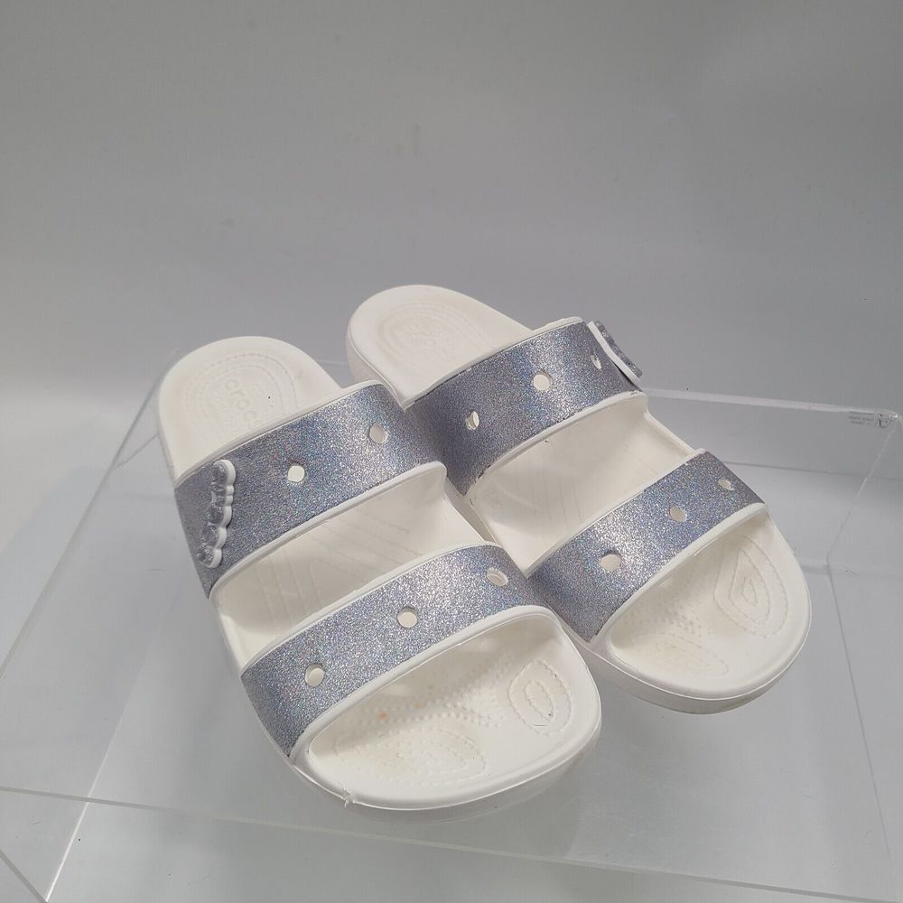 Crocs Classic Silver Glitter Wmn Sz 11 Men 9 Sandal White Double Strap Open Toe